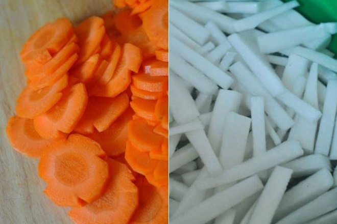 cà rốt tỉa hoa và ngâm củ cải trắng xắt khúc nhỏ với phèn chua