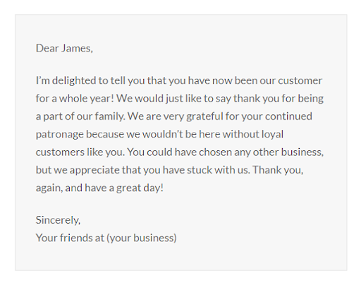 Thư cảm ơn vì sự ủng hộ của khách hàng trong suốt một năm