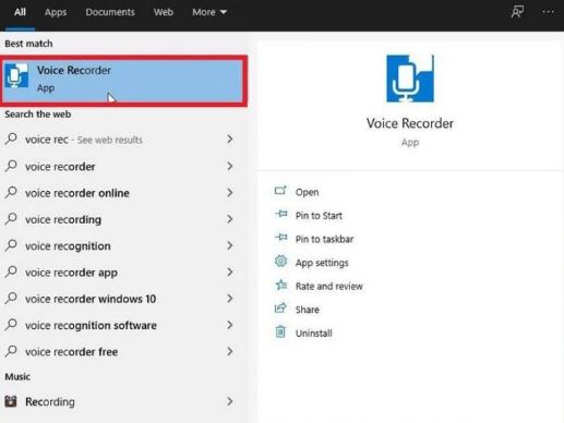 Tìm kiếm và mở ứng dụng Voice Recorder trên menu Bắt đ