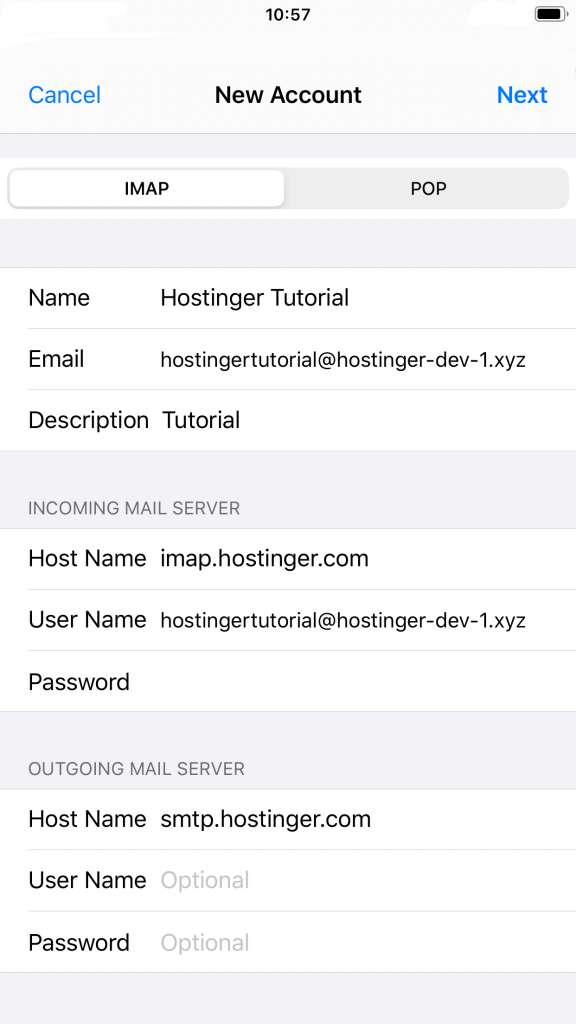 điền thông tin cài đặt mail trên iphone với IMAP và SMTP hosts của nhà cung cấp email hosting