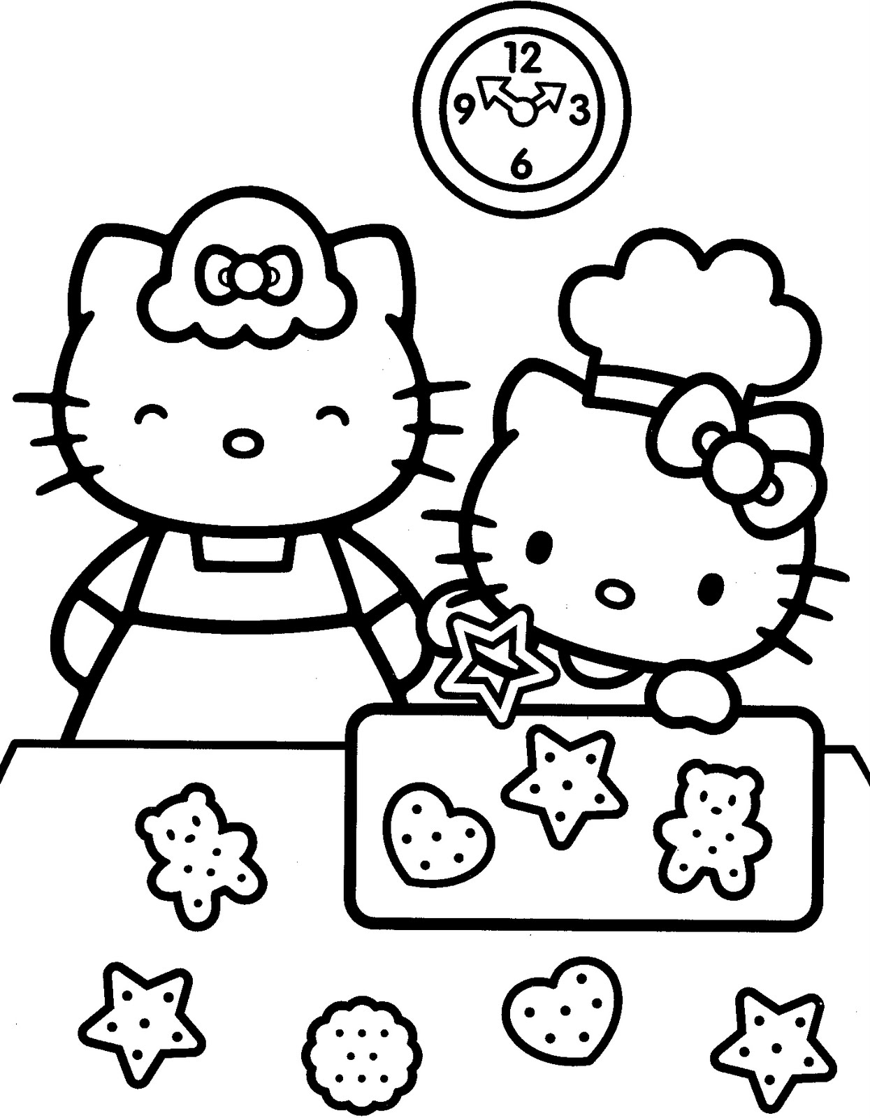 Mẫu tranh tô màu Các cô nàng mèo Hello Kitty đang chăm chỉ làm bánh