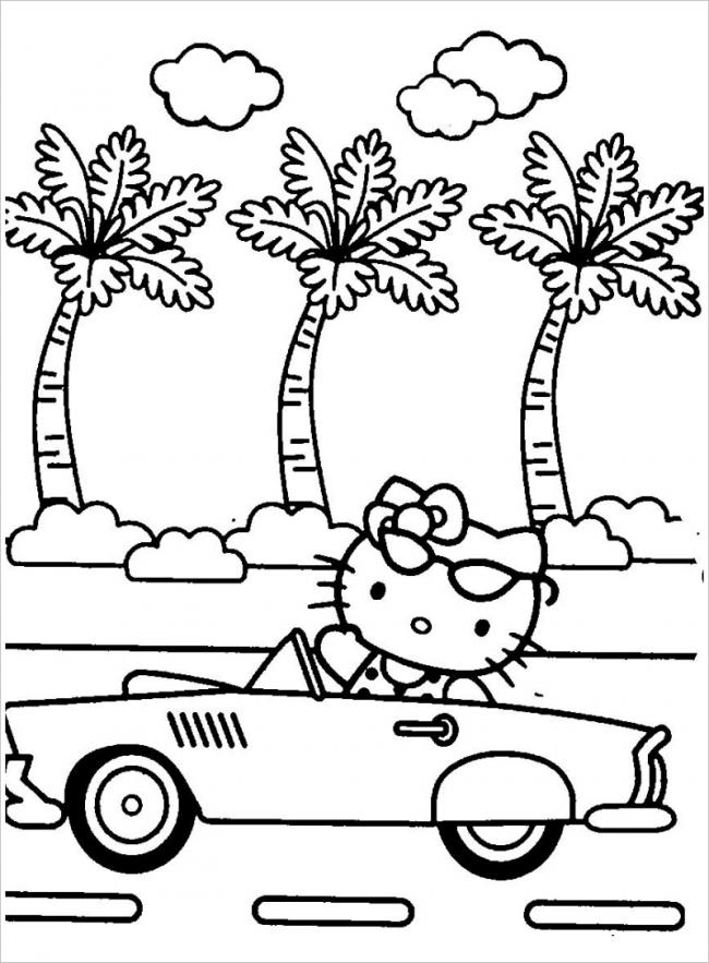 Mẫu tranh tô màu Hello Kitty chạy xe trên bãi biển đẹp nhất