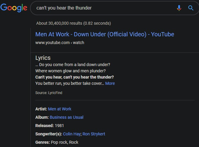 Lời bài hát tìm kiếm trên YouTube Google