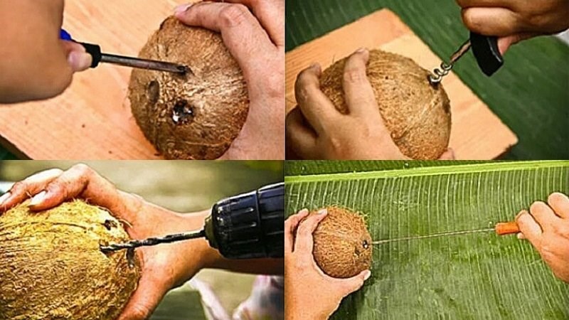 Cách chặt sọ dừa đã gọt sẵn vỏ để lấy nước