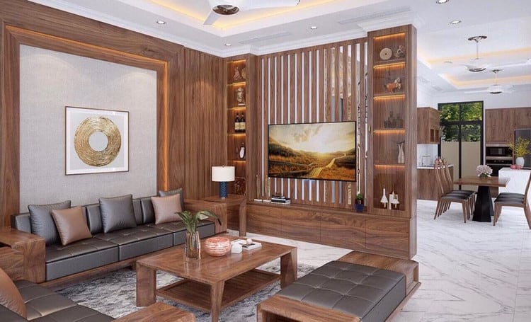 Vách lam gỗ kết hợp kệ trang trí phòng khách