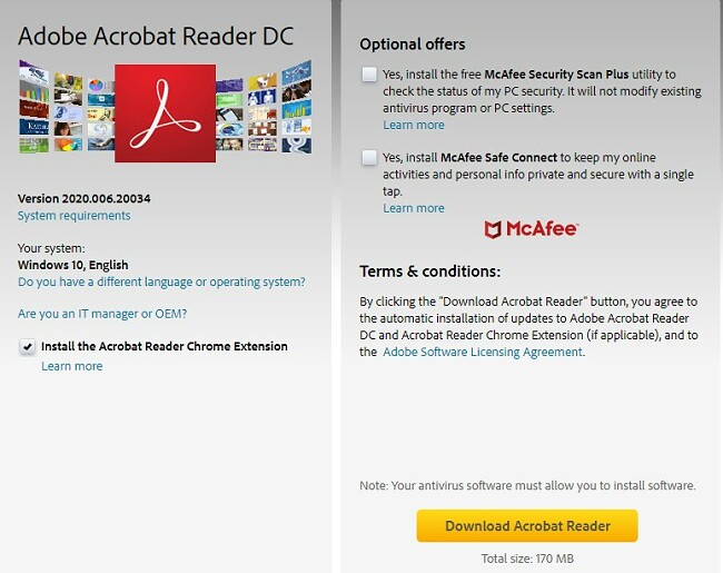 Adobe Acrobat Reader DC download page
