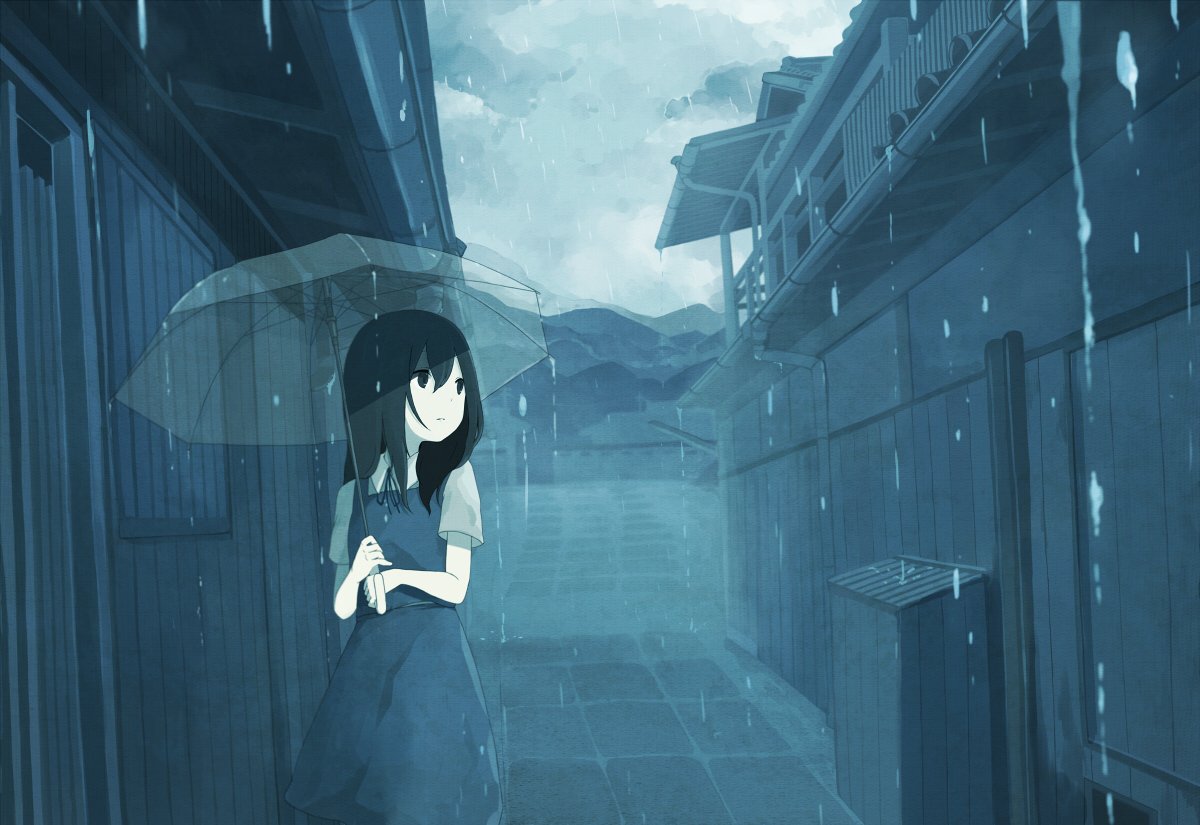 Hình Anime Nữ Buồn cầm dù đi dưới mưa