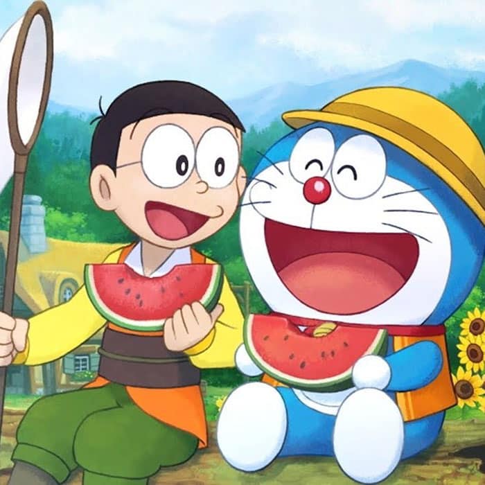 Hình Doremon Và Nobita ăn dưa hấu