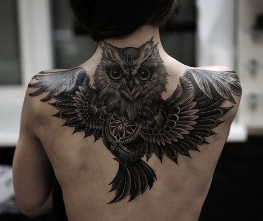 Tattoo cú mèo chất chơi ở lưng nữ
