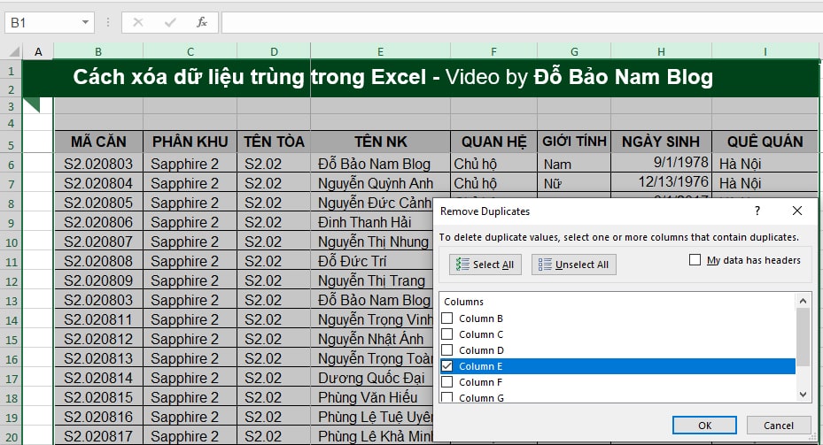 Cách xóa dữ liệu trùng nhau trong Excel bằng chức năng Remove Duplicates