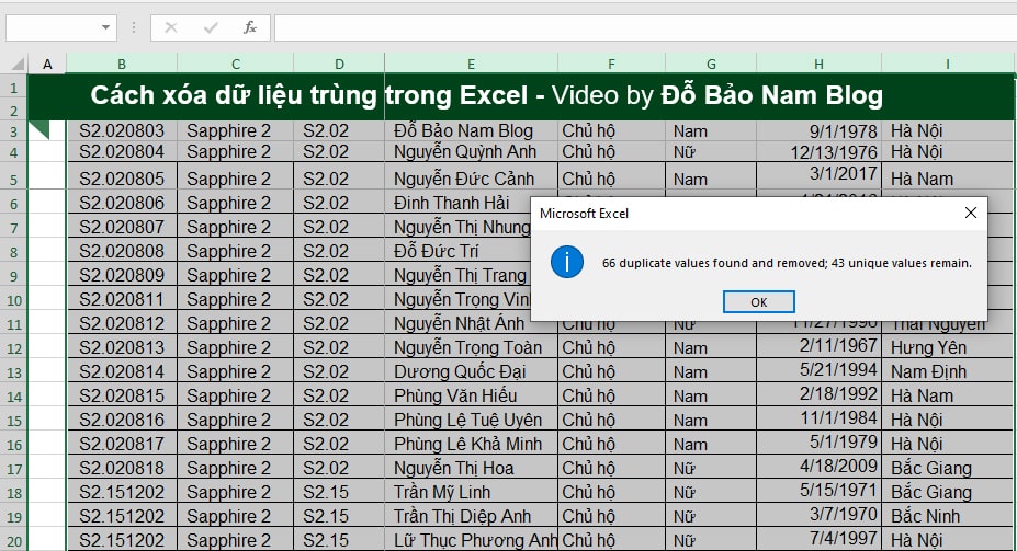 Cách xóa dữ liệu trùng nhau trong Excel bằng Remove Duplicates