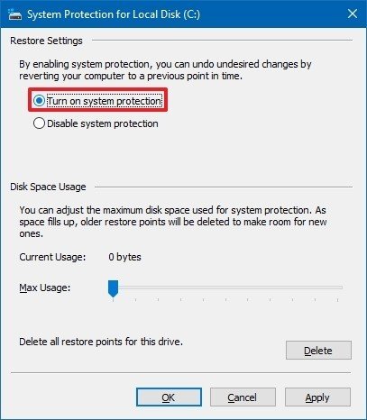 Turn on system protection on Windows 10