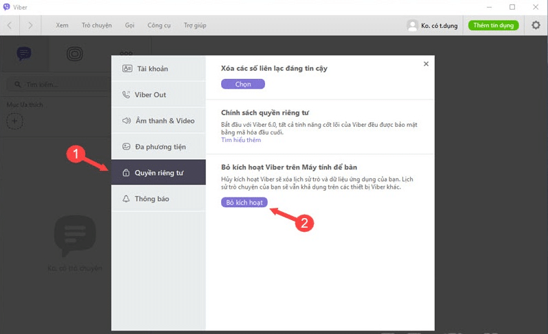 Trong cửa sổ Cài đặt Viber, chọn tab Tài khoản → Hủy kích hoạt Viber.
